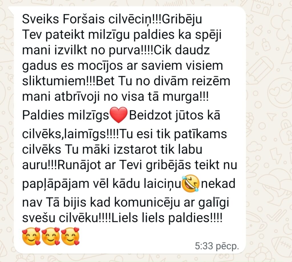 Klientu atsauksme par Aronbergs individuālo seansu