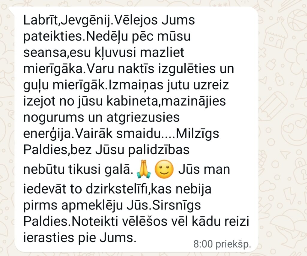 Klientu atsauksme par Aronbergs individuālo seansu
