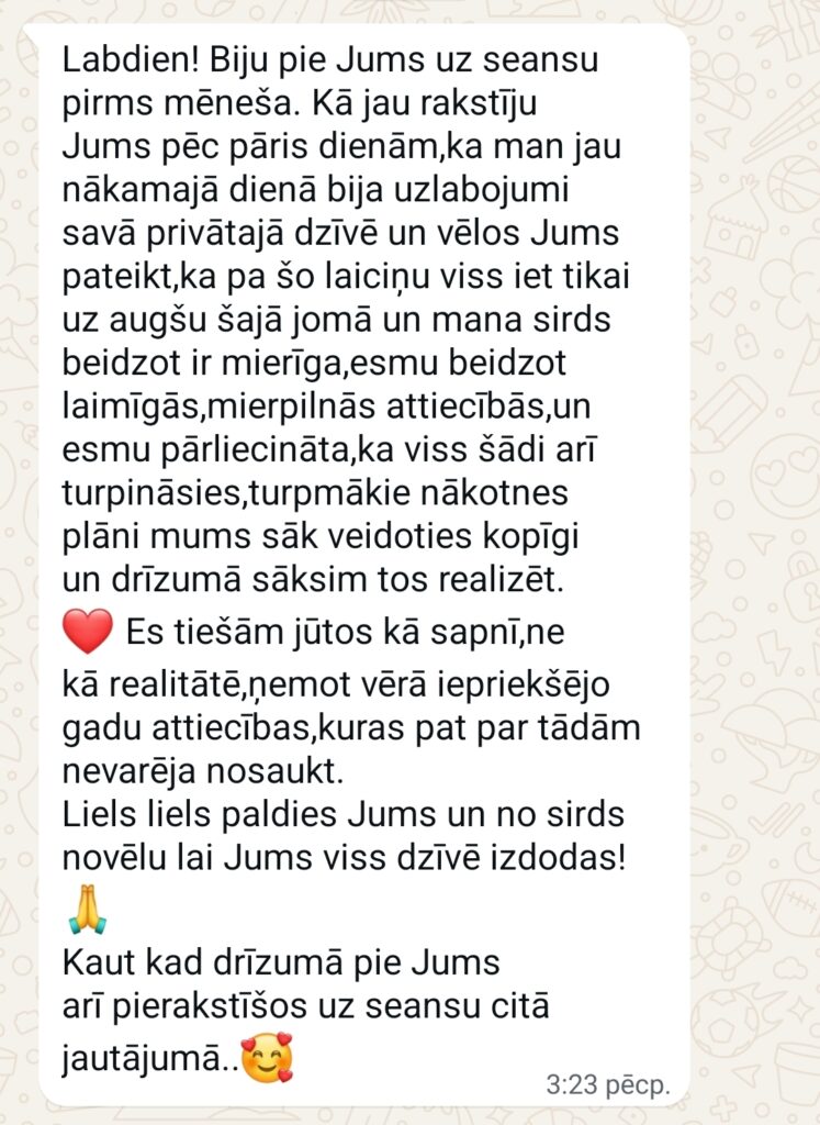 Klientu atsauksme par Aronbergs individuālo seansu