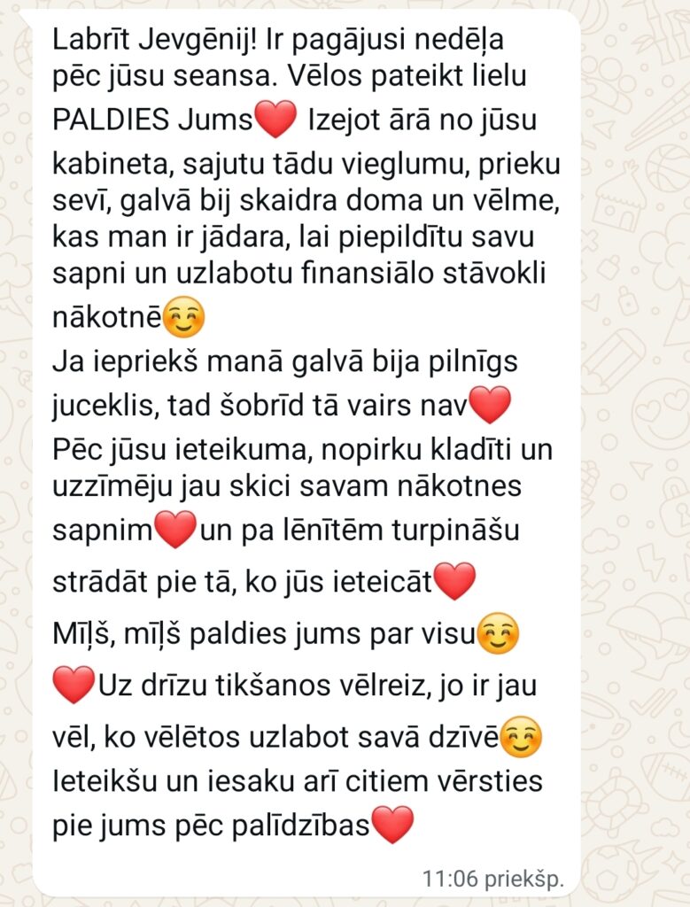 Klientu atsauksme par Aronbergs individuālo seansu