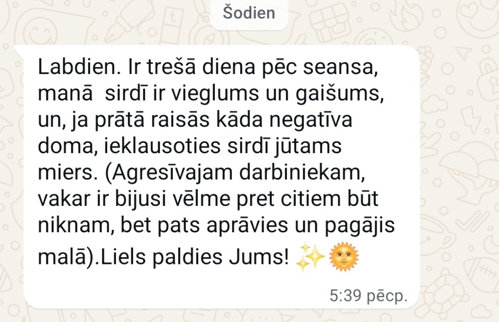 Klientu atsauksme par Aronbergs individuālo seansu