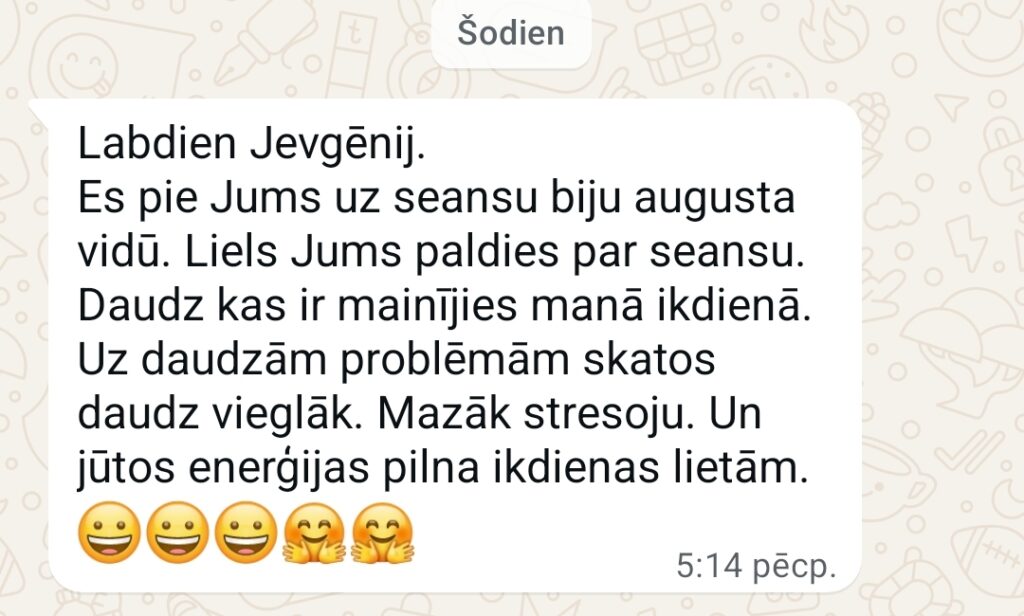 Klientu atsauksme par Aronbergs individuālo seansu