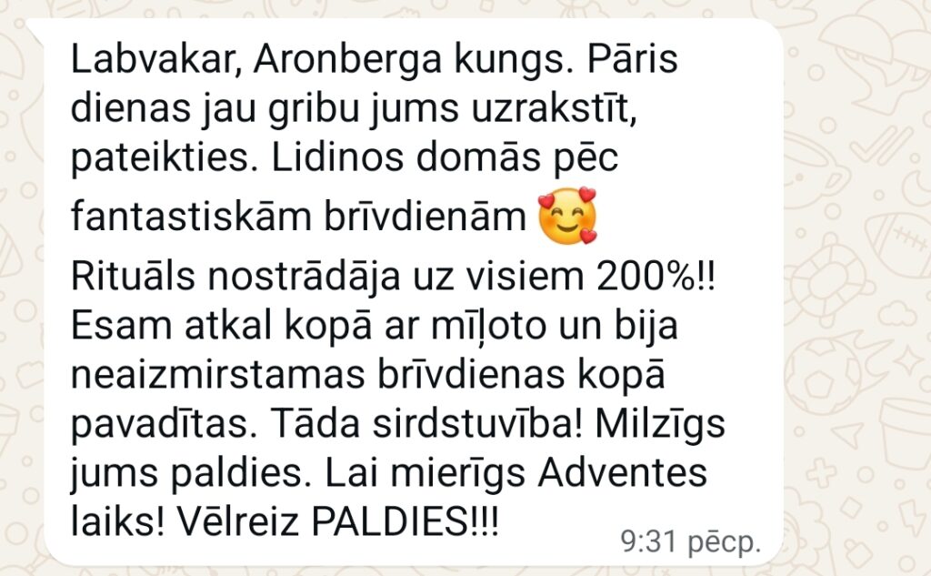 Klientu atsauksme par Aronbergs individuālo seansu