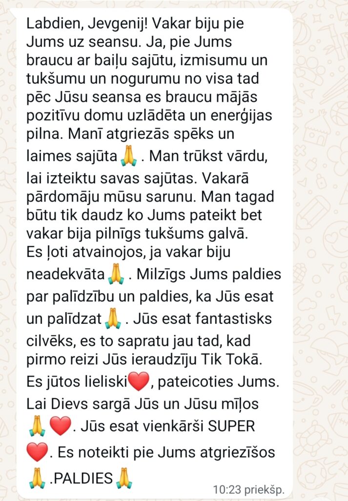 Klientu atsauksme par Aronbergs individuālo seansu
